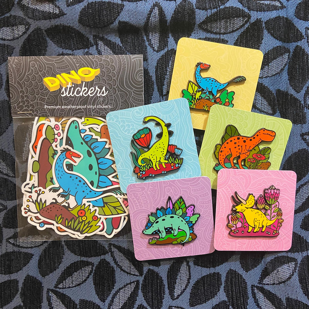 Dino Pins and Stickers Bundle – TinyWorlds